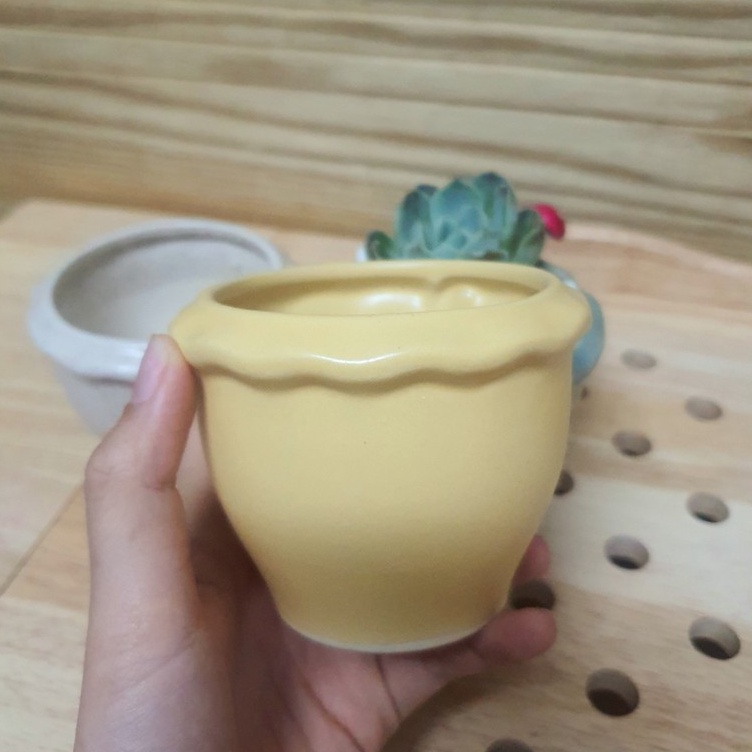 Chậu trồng cây cảnh - Sen Đá - Xương Rồng - Hoa nhỏ - Kiểu vành TRÒN GỢM SÓNG - Chậu Bonai  gốm Sứ Bát Tràng