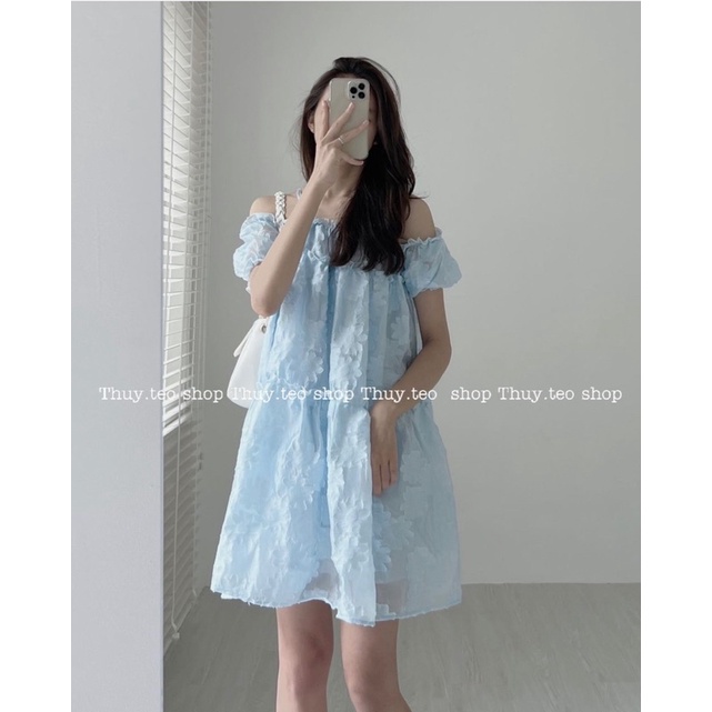 VÁY TRỄ VAI LACY REN NỔI BỒNG XOÈ HAI DÂY