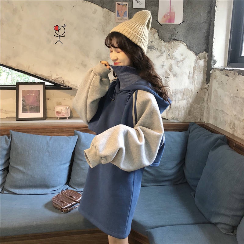 ZHELIHANGFEI Đầm Thun Nỉ Tay Dài Cổ Cao + Váy Ngắn Dáng Rộng Phong Cách Preppy Ngọt Ngào