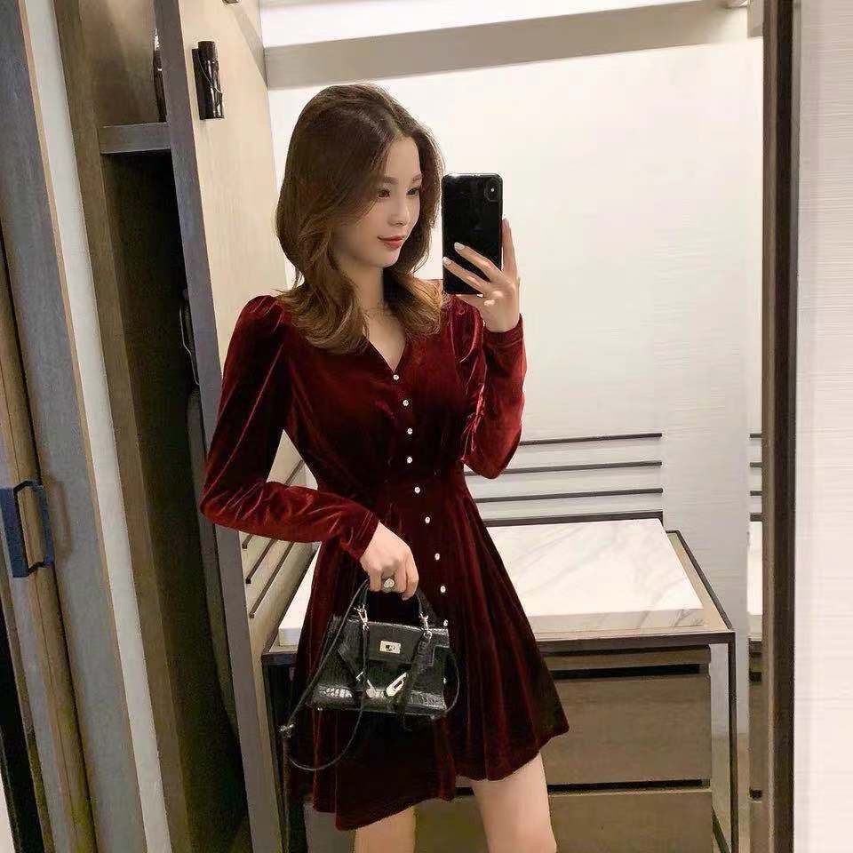 Đầm nhung mềm dáng chữ A cổ chữ V thời trang thu đông cho nữ
