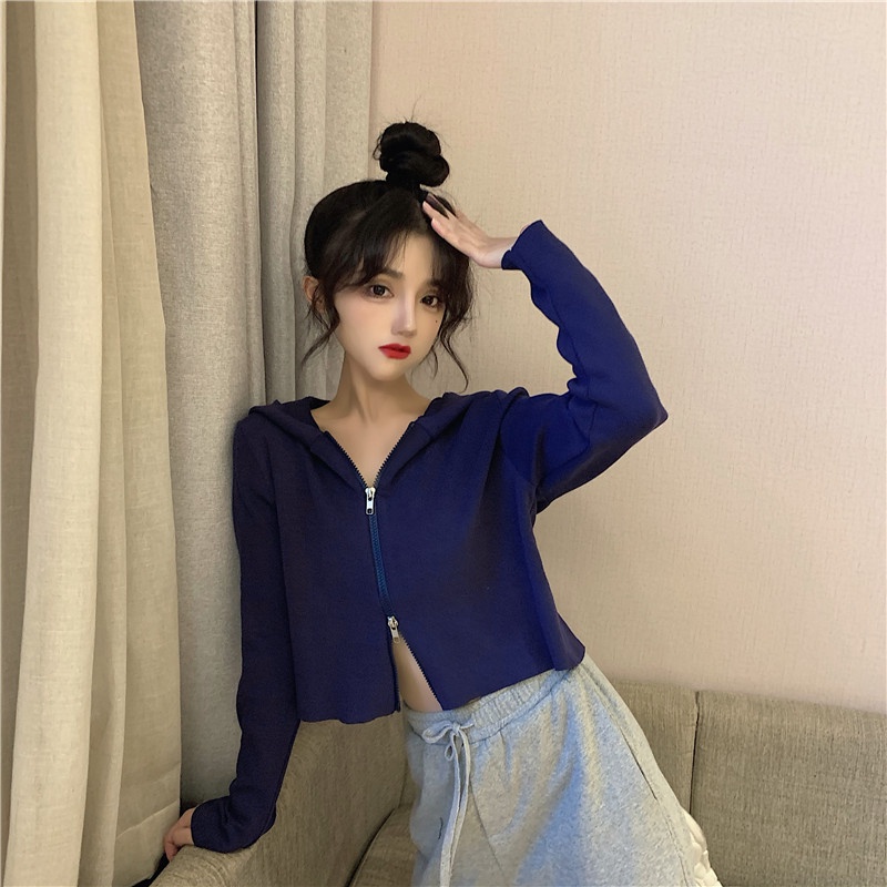 Áo Croptop Tay Dài Có Mũ Trùm Đầu Cho Nữ