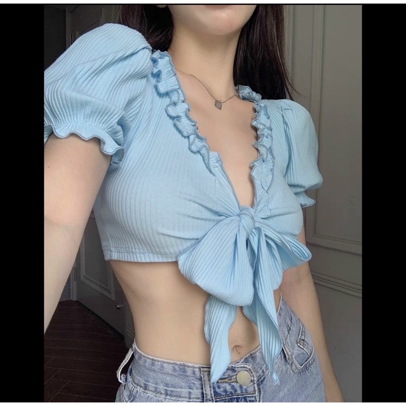 Áo Croptop cột nơ ngực cuốn biên buộc nơ trước - Z7N