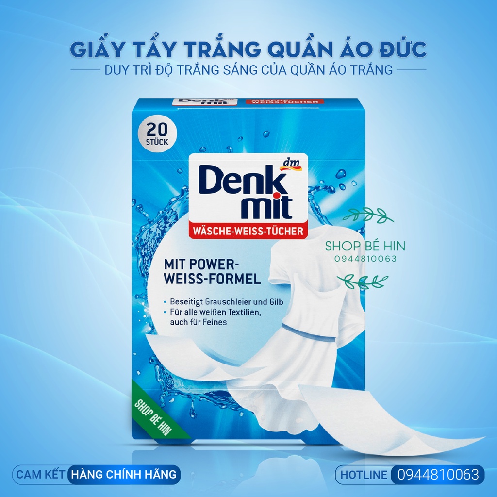 Giấy tẩy trắng quần áo Denkmit, miếng tẩy trắng quần áo Denkmit mẫu mới, Hàng Đức chính hãng