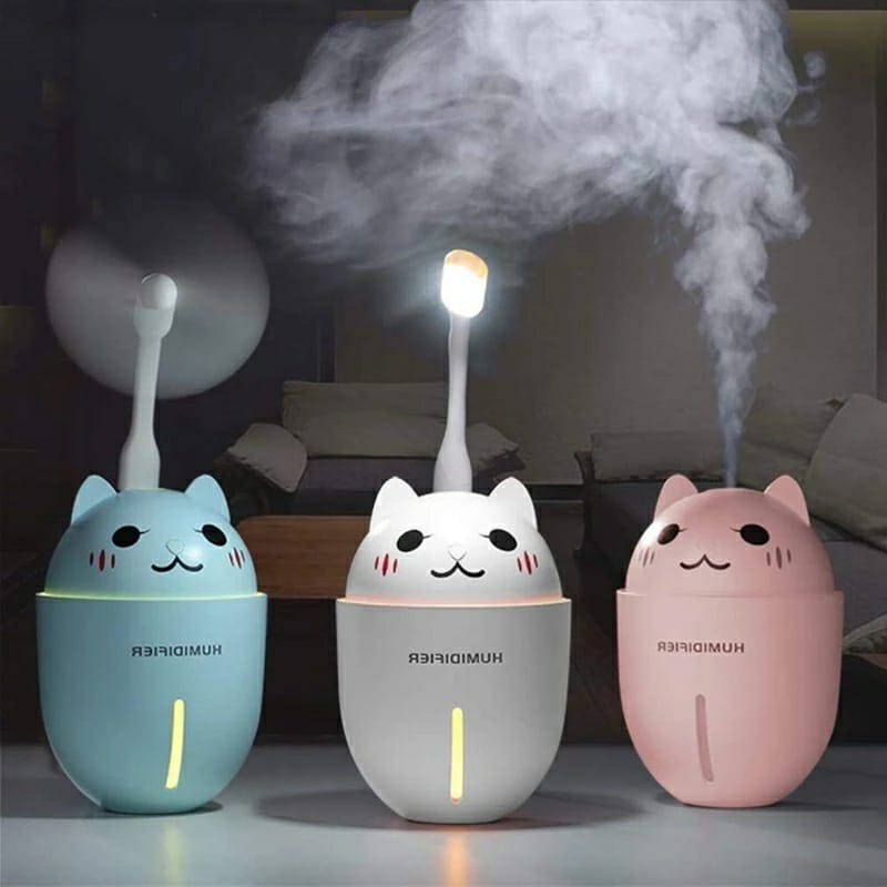 Máy Tạo Độ Ẩm Không Khí 300ML Hình Mèo Dễ Thương Có Đèn Ngủ Và Cổng Sạc USB