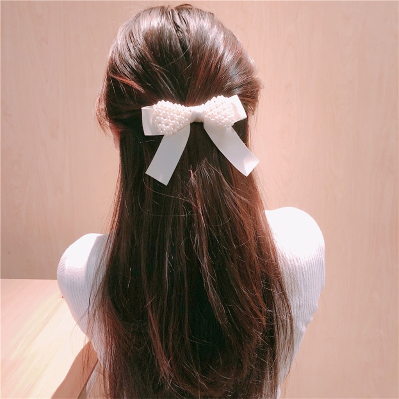 Kẹp Tóc Hình Nơ Đính Ngọc Trai Giả Phong Cách Vintage Dành Cho Nữ