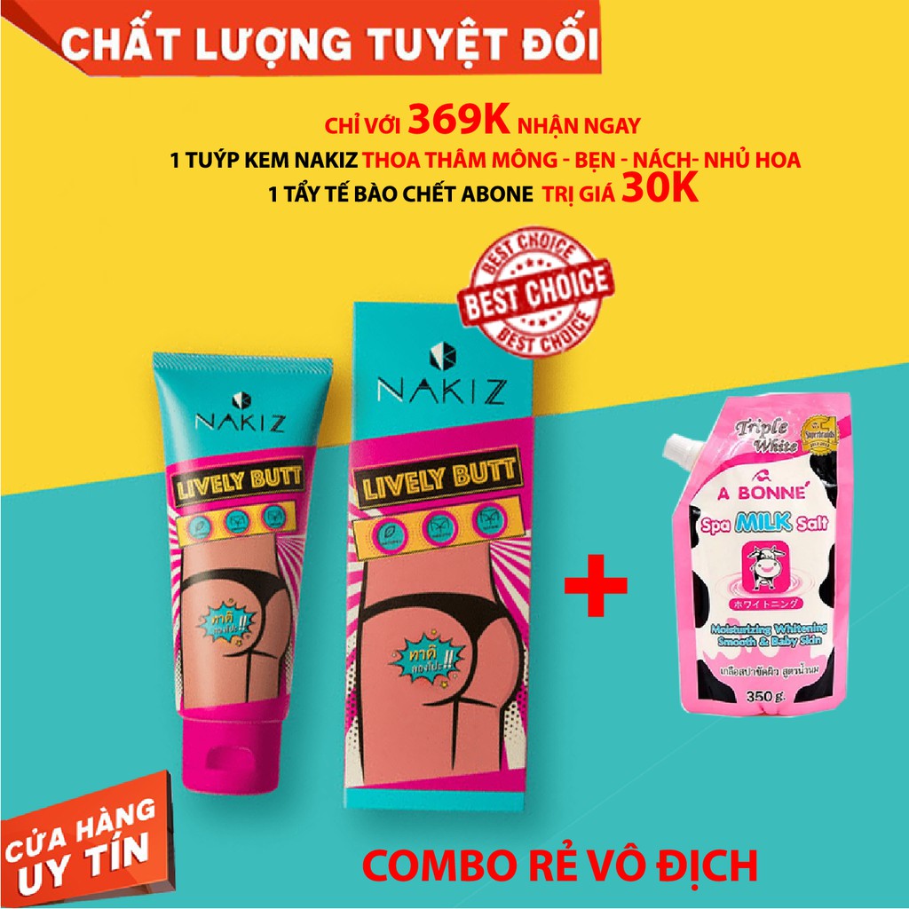 NAKIZ LIVELY BUTT 〡 Bộ kem + muối tẩy tế bào chết thoa thâm, mụn Mông, Bẹn, Nách, Lưng, Nhũ hoa, Cùi chỏ, Đầu gối | WebRaoVat - webraovat.net.vn