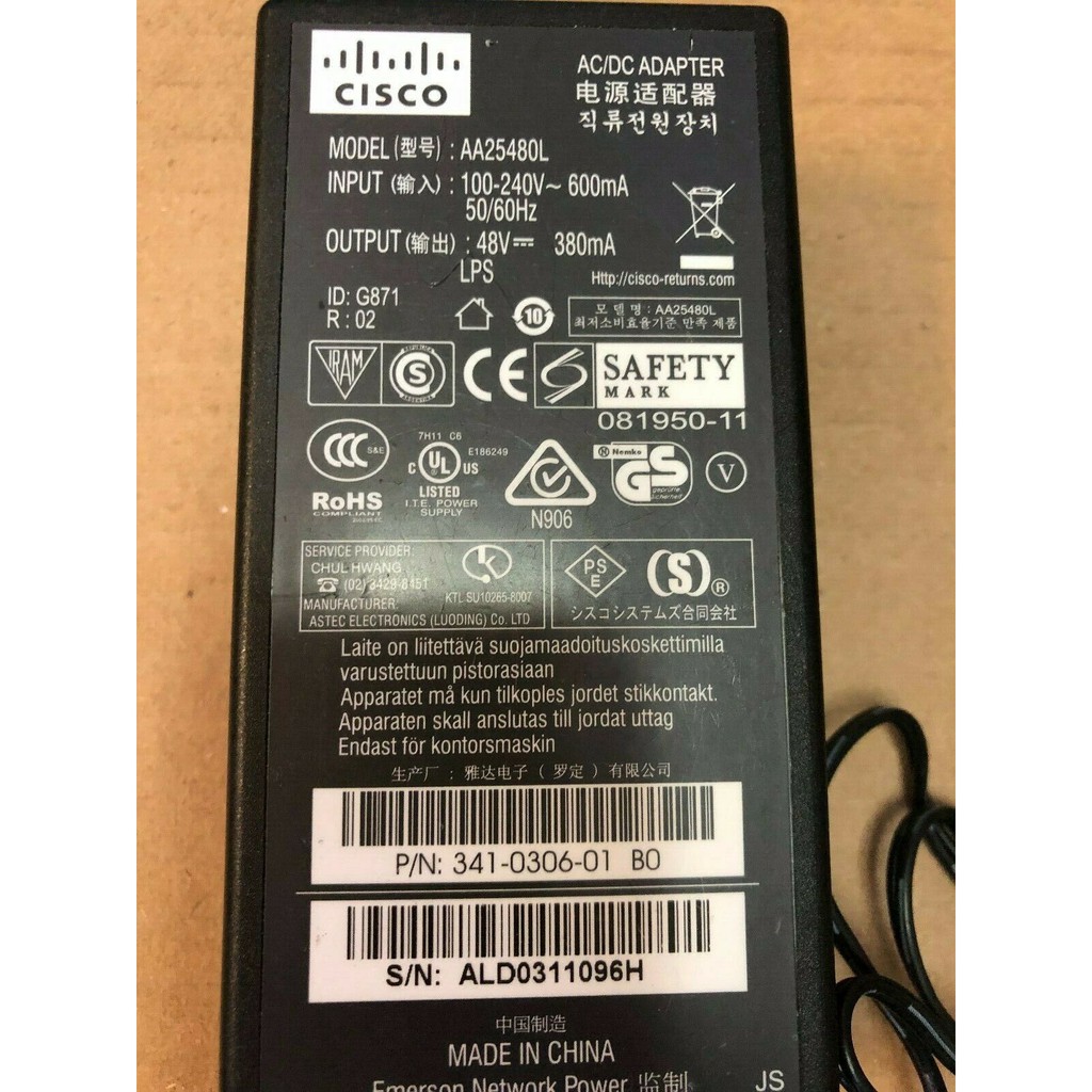 Bộ nguồn AC/DC Adapter Cisco AA25480L 48V 380mA