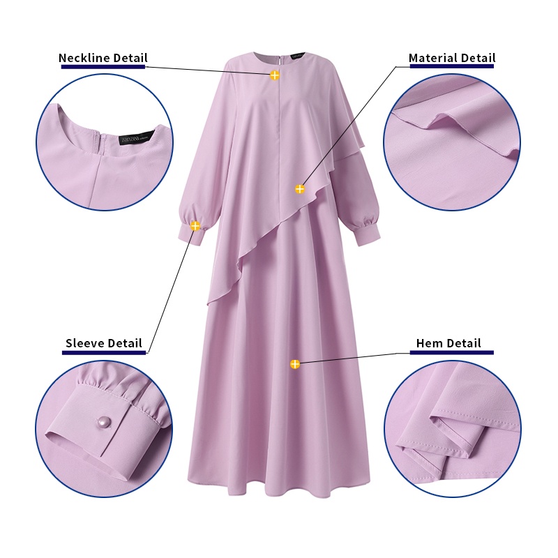 Đầm maxi ZANZEA tay dài cổ tròn phối nút phong cách hồi giáo cho nữ