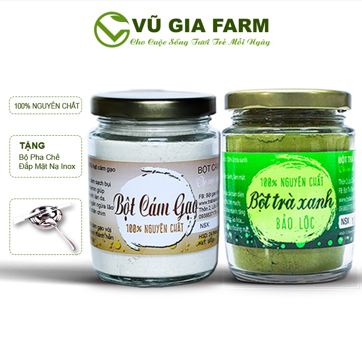Bột Trà Xanh + Bột Cám Gạo Nguyên Chất Vũ Gia (100g/ hũ) + Tặng Bộ Đắp Mặt_ Đã được kiểm nghiệm y tế