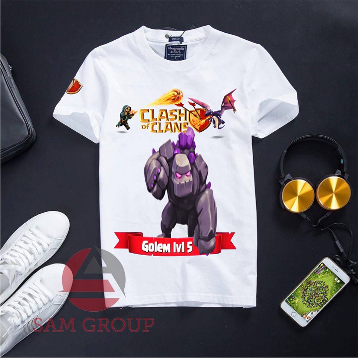 [Đủ size] Áo Clash of Clans cotton màu trắng chất cực đẹp - golem + pk + wz 5