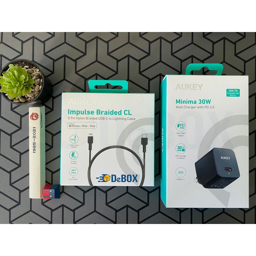 【Giao Hỏa Tốc】Combo Cốc Sạc Nhanh Aukey PD PPS 30W PA-Y30S, Cáp Aukey PD 22,5W CB-CL3 Dài 0,9m - Chính Hãng BH 18T