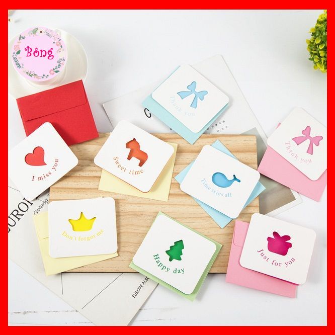 Thiệp chúc mừng các dịp sinh nhật, cảm ơn, kỷ niệm tình yêu, tốt nghiệp kèm bì thư cắt hình ngộ nghĩnh
