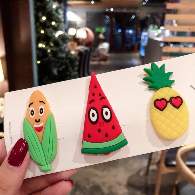 set 3 Kẹp bấm tóc mái trái cây mặt cười siêu dẻo cho bé