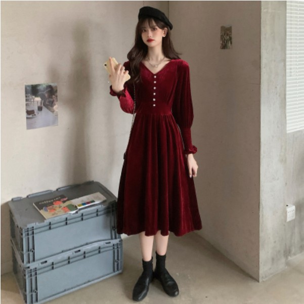 Plus Size Winter Red Elegant Retro Women Dress V-neck Slim Black Vintage Long Sleeve Velvet Tunic Midi A-line Evening Party Cocktail Dresses