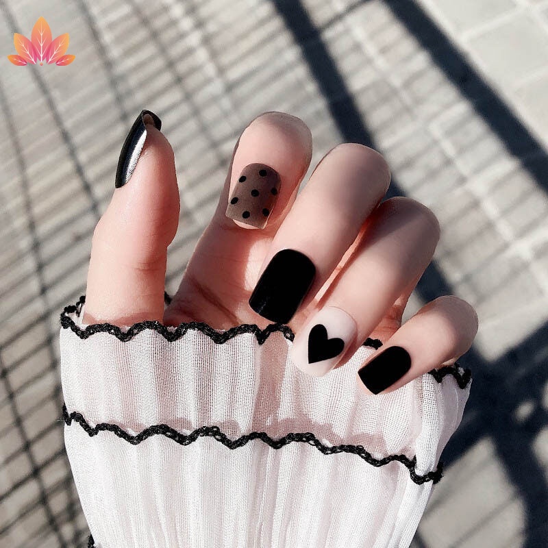 [Hàng mới về] Set 24 móng tay giả đầu vuông màu đen kèm keo