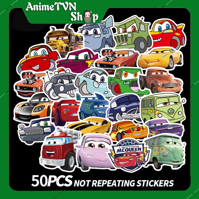 Miếng dán Sticker phim hoạt hình Cars - Vương quốc xe hơi - trọn bộ 50 hình - In rõ ràng sắc nét khó tróc