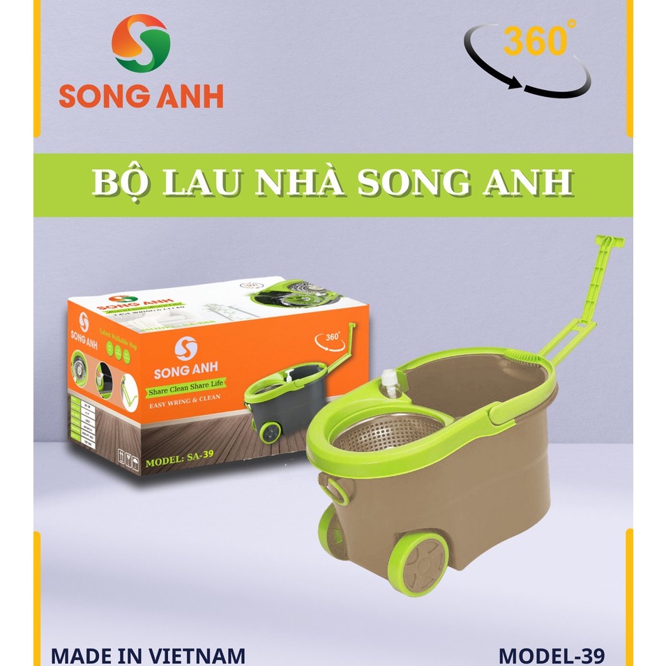 Bộ Chổi Lau Nhà Cao Cấp Song Anh - Có Bánh Xe Loại Xịn Tặng Kèm Bông Lau