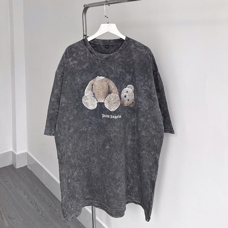 Áo phông tay lỡ loang xám đen Vân đá in kín G.g Ln