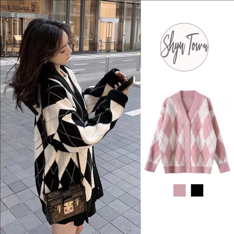 [100c đầu giá gốc/Sẵn] Áo khoác cardigan lông thỏ dáng rộng hoạ tiết kim cương áo khoác len phong cách Hàn Quốc
