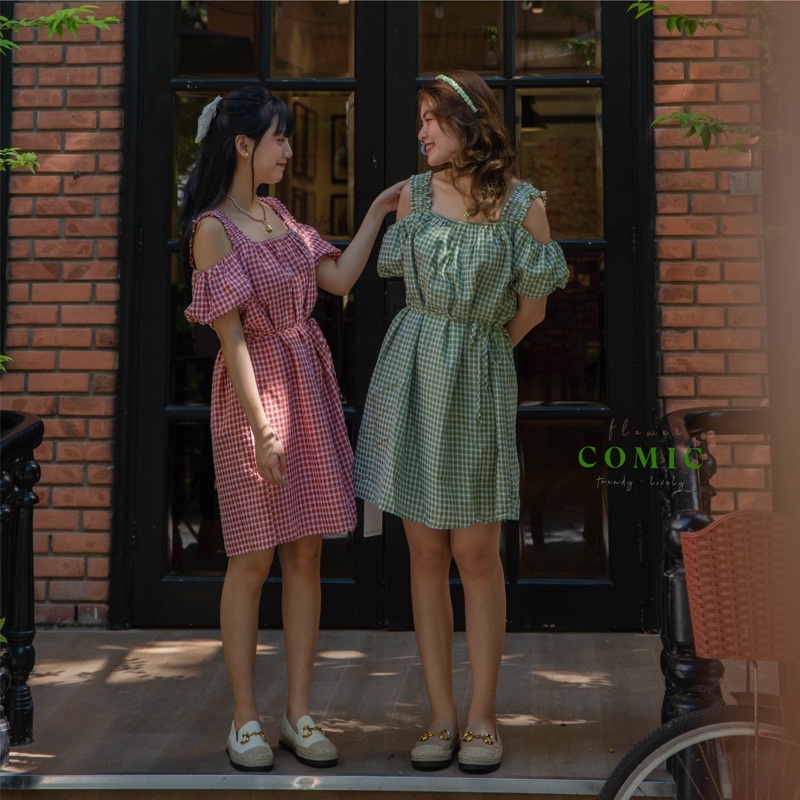ĐẦM VÁY NỮ CARO GINGHAM TRỄ VAI COMIC