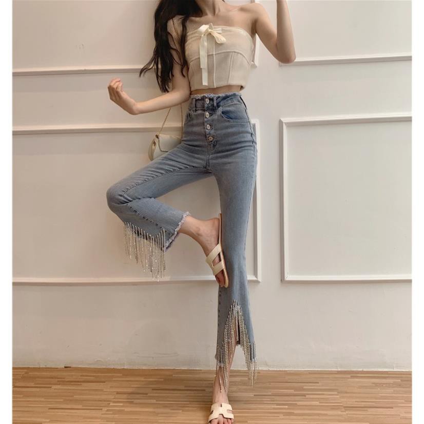 QUẦN JEANS ỐNG RỘNG TUA RUA CẠP CAO ULZZANG SYJ , _