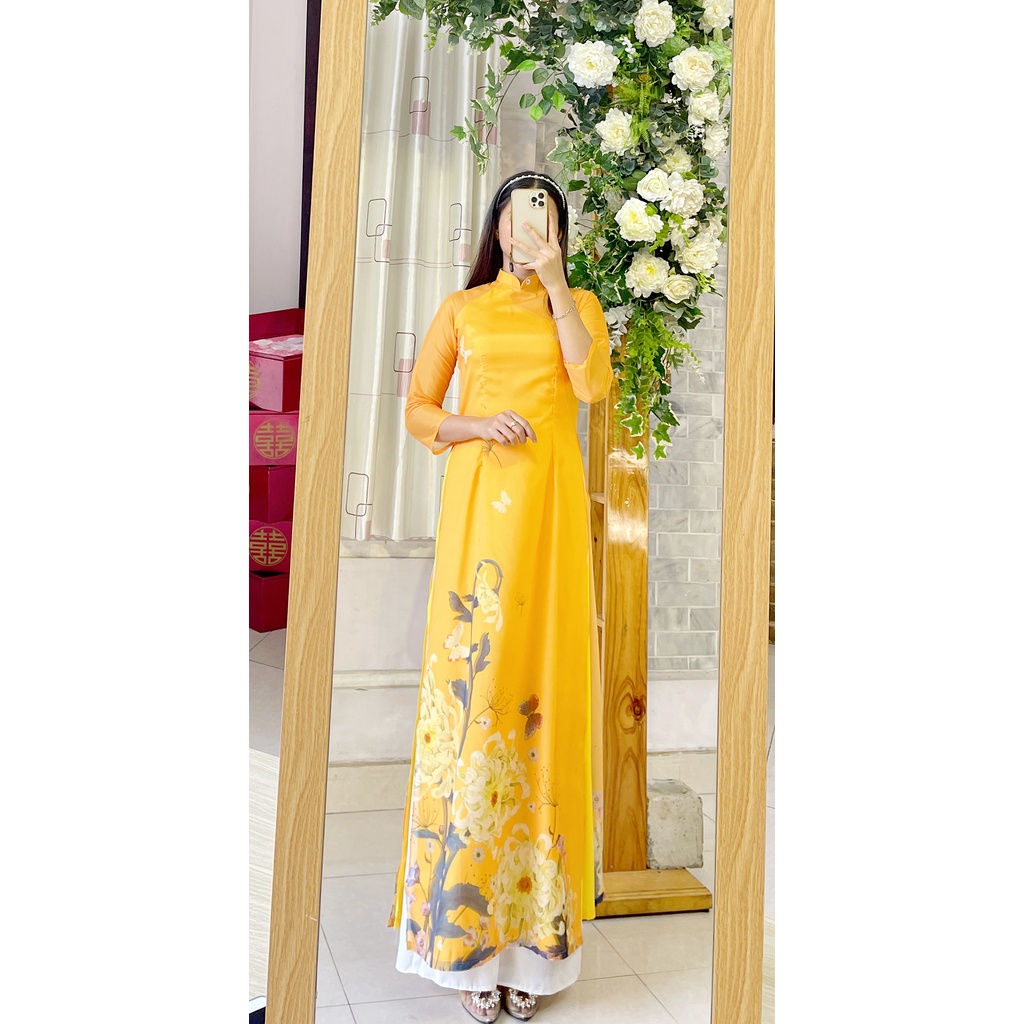 Áo dài Tết tơ 4 tà HOA SEN dài dáng truyền thống - Áo dài HOA CÚC TẾT