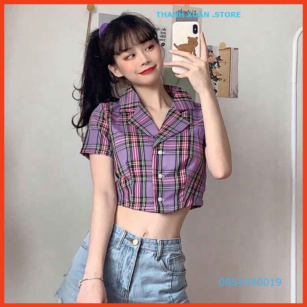 ÁO SƠ MI CROPTOP TAY NGẮN KẺ SỌC CARO THỜI TRANG CHO NỮ - CROPTOP CARO KẺ TÍM ĐEN ĐỎ HỒNG VÀNG XANH 👗 💝 - TXShop