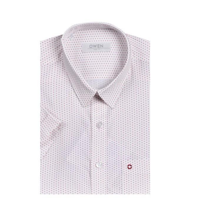 Sale Chính Hãng OWEN - Áo sơ mi ngắn tay Owen chất sợi tre màu trắng chấm đỏ  BA 20112 hot 🌺 neww * ! %