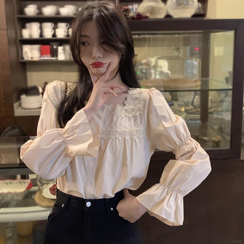 Áo Kiểu Tay Dài Cổ Vuông Phối Ren Phong Cách Retro Hàn Quốc Dành Cho Nữ | BigBuy360 - bigbuy360.vn