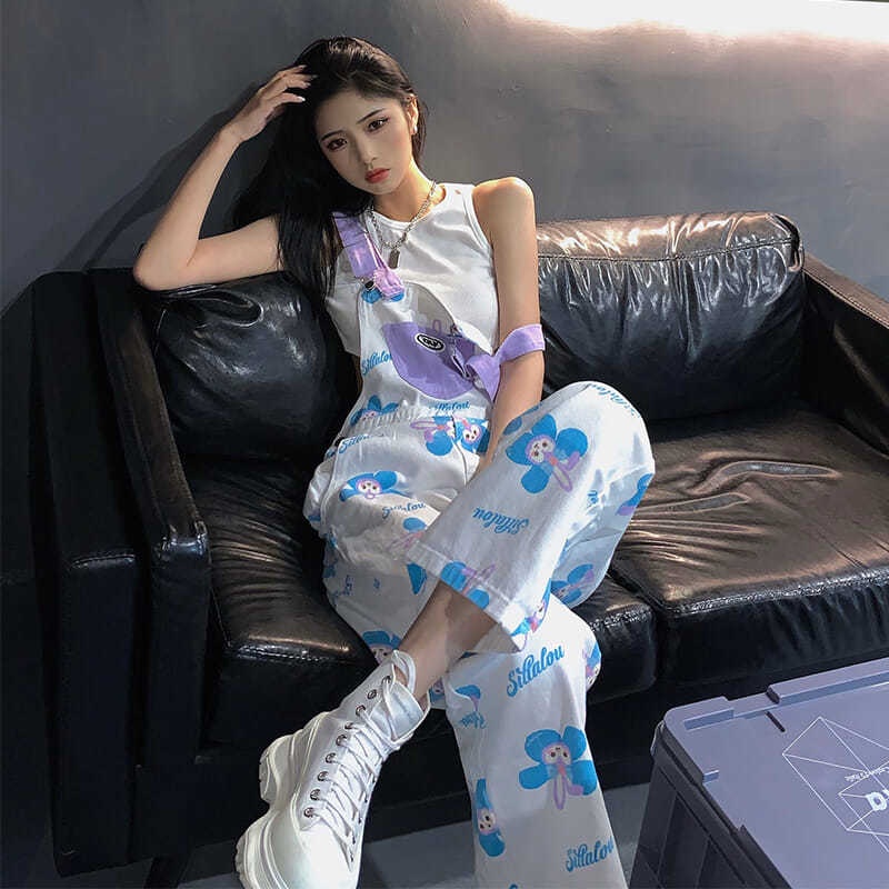 Jiashucheng Quần Yếm Denim Lưng Cao Ống Rộng Thời Trang Đường Phố Cá Tính Cho Nữ