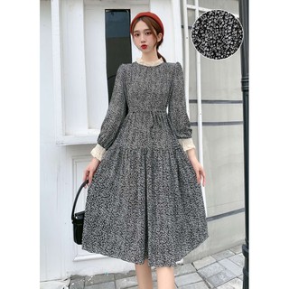 Váy maxi suông hoa nhí phối ren tay cổ
