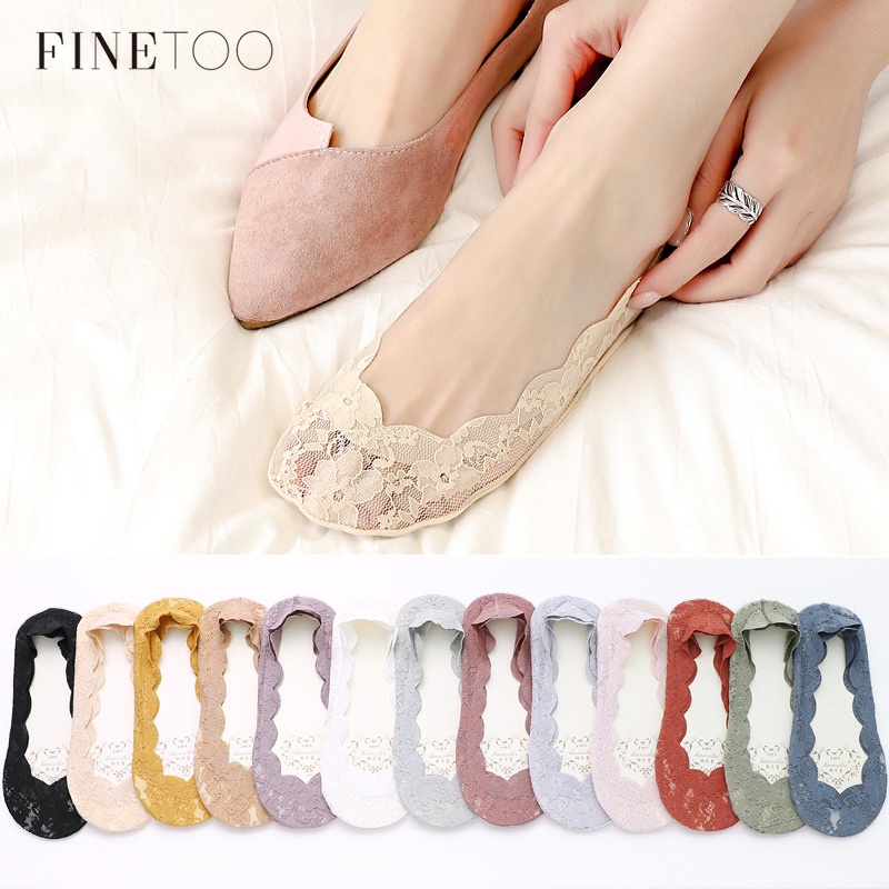Vớ FINETOO cổ thấp vải ren hoa chống trượt thanh lịch thời trang dành cho nữ