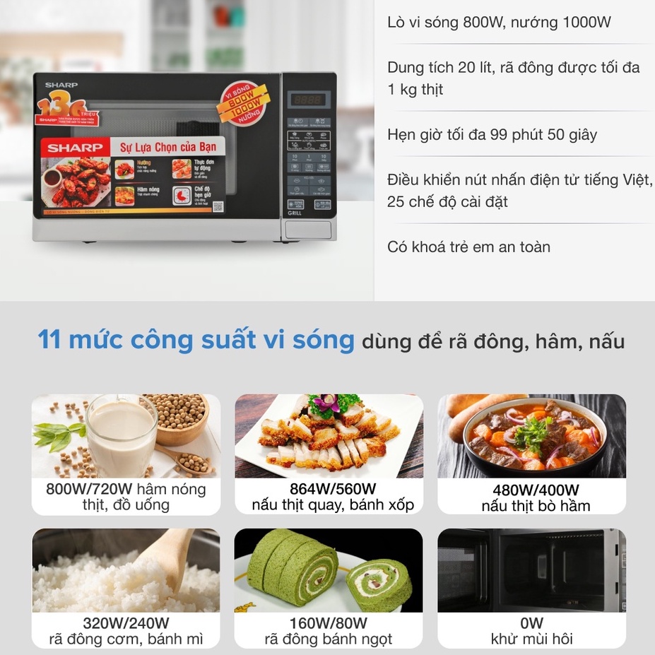 Lò vi sóng Sharp có nướng điện tử 23 Lít Chính hãng, Microwave hâm nóng, rã đông viba 800W nướng 1000W - HAPOS OFFICIAL