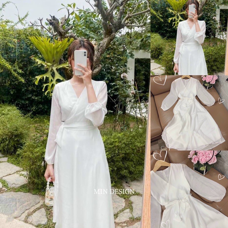 Đầm maxi trắng đắp chéo tay dài đi biển