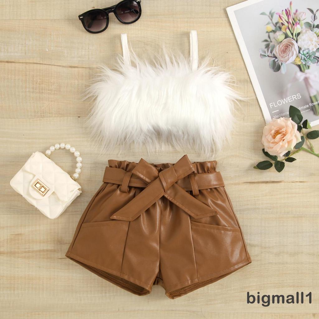 BIGMALL-2-7years Baby Girls 2 Pcs Solid Color Outfits, Cropped Fluffy Fur Camisole + Belted Leather Shorts Set
