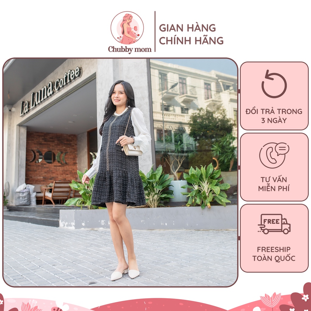 Váy bầu dạ Tweed thời trang thu đông sang chảnh, đầm bầu suông công sở đuôi cá dáng dài - CHUBBY MOM