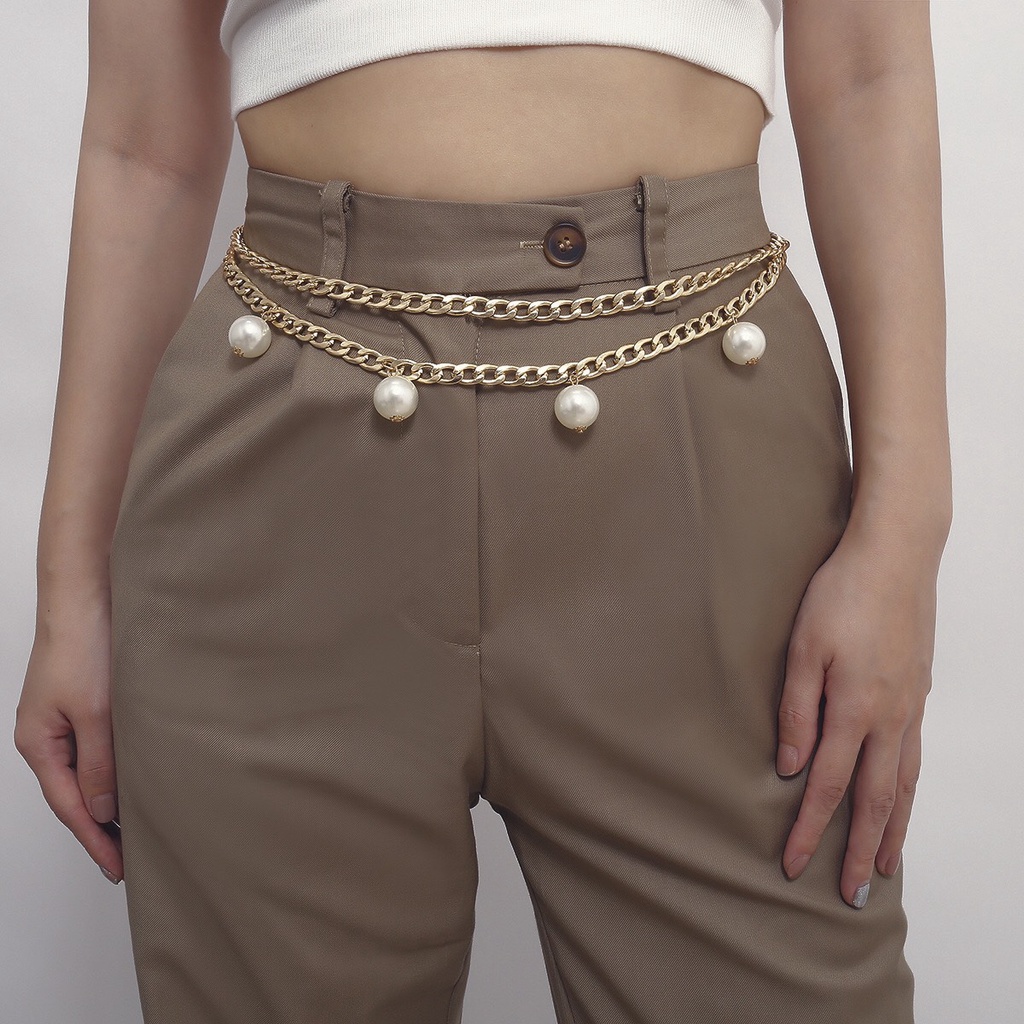 Belt xích đính ngọc trai nhân tạo/ Thắt lưng kim loại/ Đai váy lồng 2 dây tiểu thư dành cho phái nữ - Phụ kiện Moori