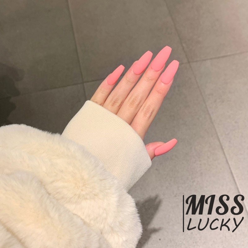 ❤HHN-VN 24pcs/box Fashion Pink Pure Color Frosted Ballet Fake Nails Medium Length Square Head Suitable Fairy Decor Manic