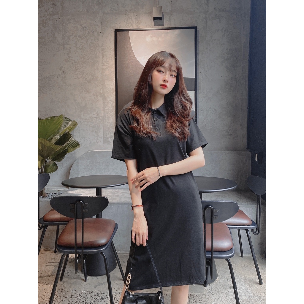 Đầm Maxi Cài Cúc Cổ Bẻ Tay Cộc Cam Đen - Váy Nữ Polo Dáng Dài