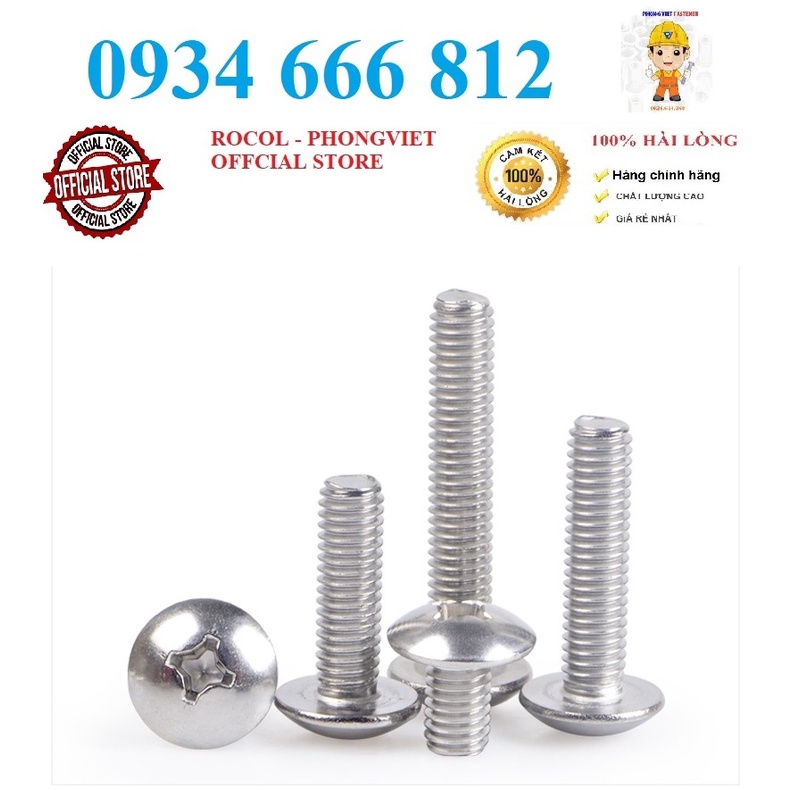 50c vít pake đầu dù thân bulong INOX 304 M3, M3X6, M3X8, M3X10,M3X12,M3X16,M3X20