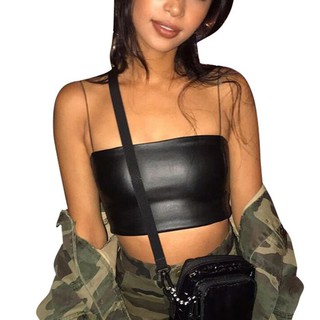 Áo crop top trễ vai chất liệu da