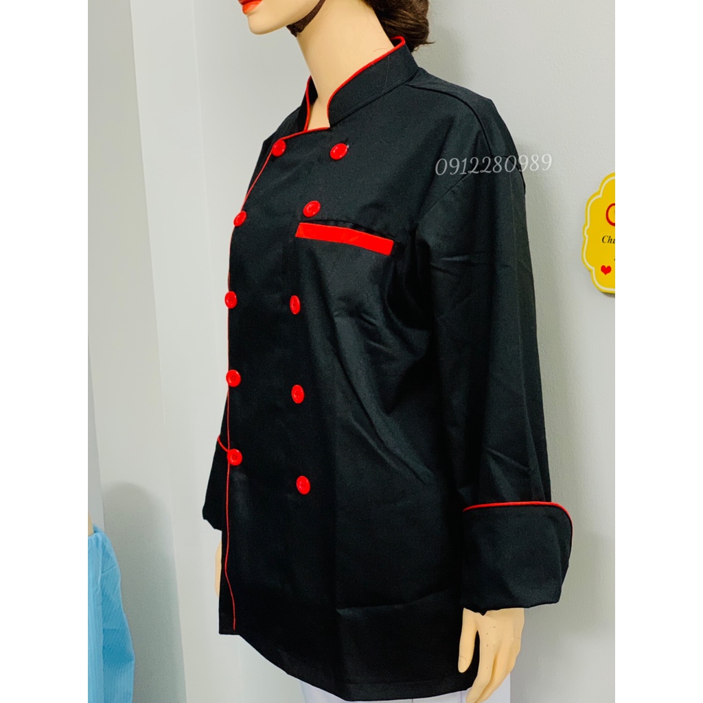 Áo đầu bếp nam nữ cao cấp dày dặn màu đen tay dài _ Hình chụp thật