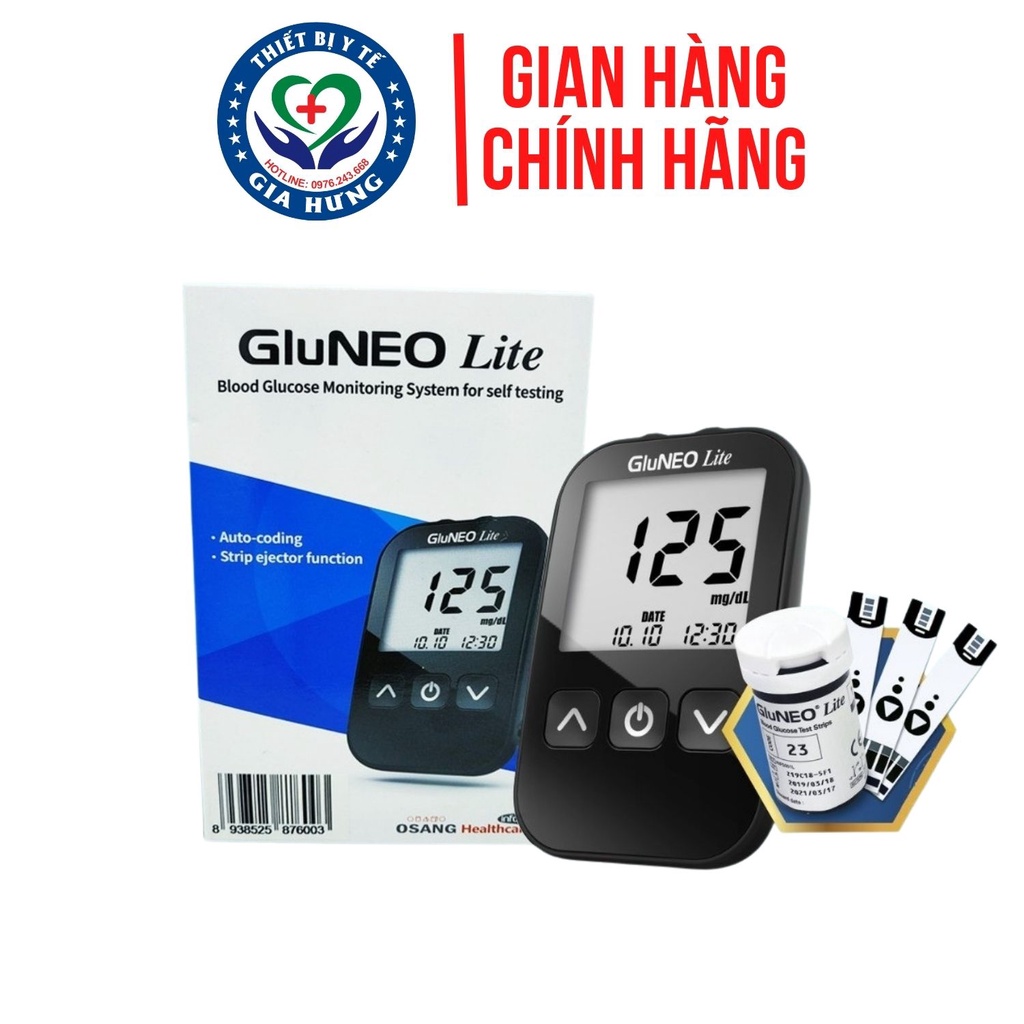 Máy đo đường huyết Gluneo kèm 25 que thử đường huyết, 25 kim chích máu Nhập khẩu Hàn Quốc