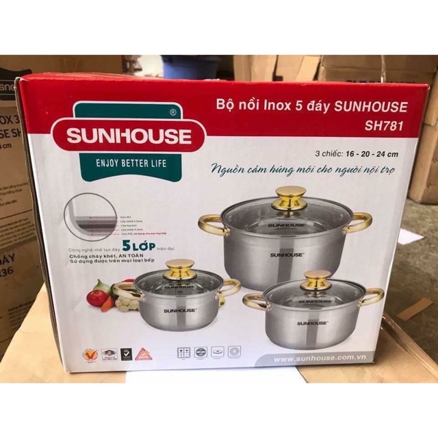 Bộ Nồi 3 Món 5 Đáy Inox SUNHOUSE SHD781