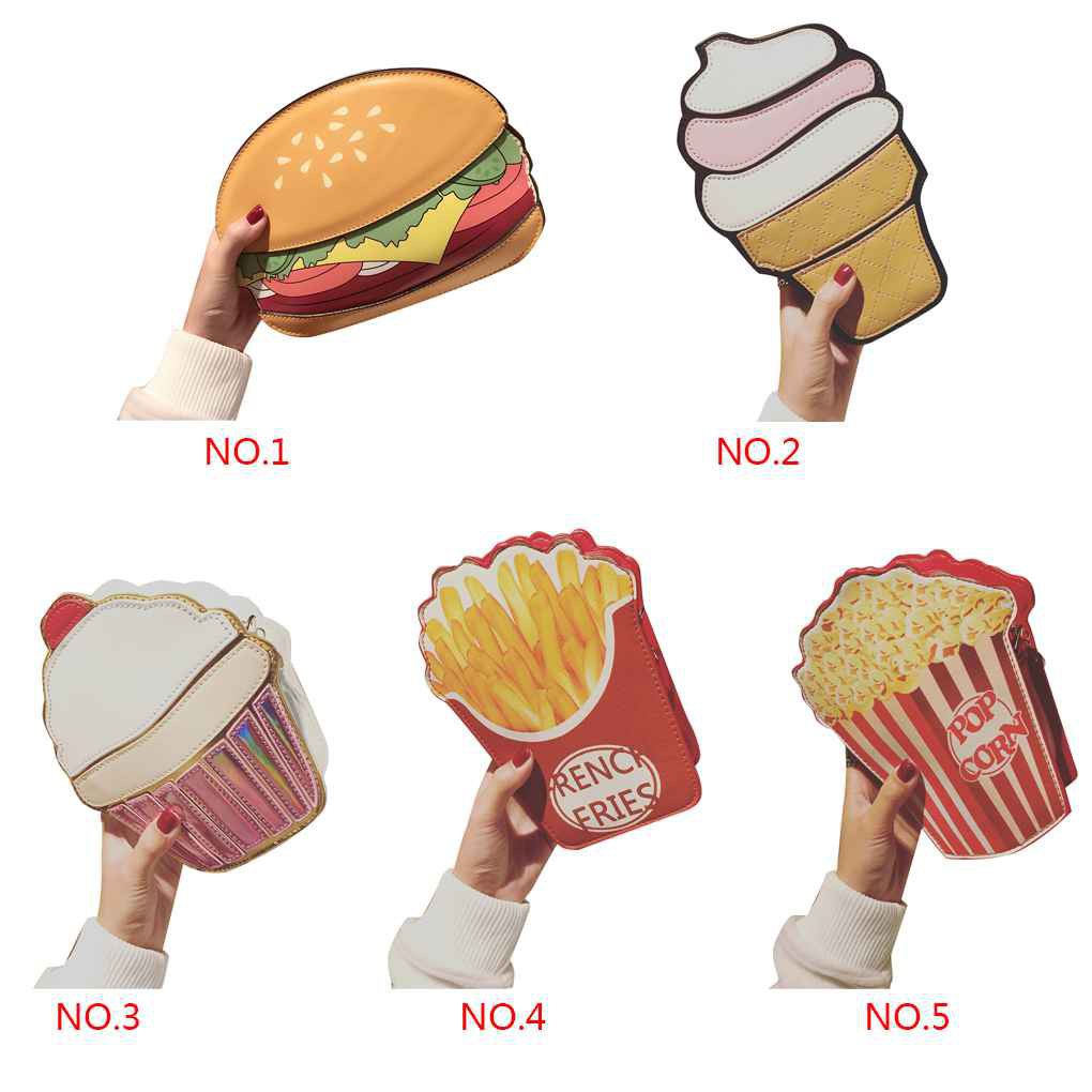 Túi đeo chéo da hình bắp rang bơ hamburger kem và khoai tây chiên