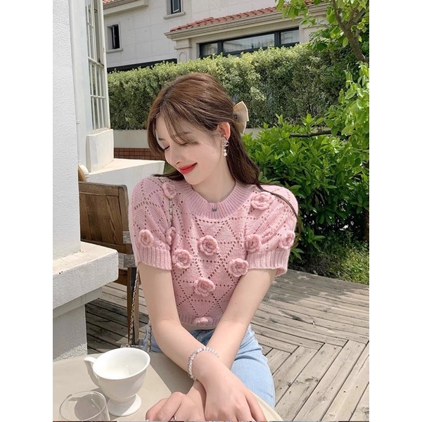 Áo len hoa nổi croptop Quảng Châu hot hit, Áo len croptop hoa nổi siêu xinh