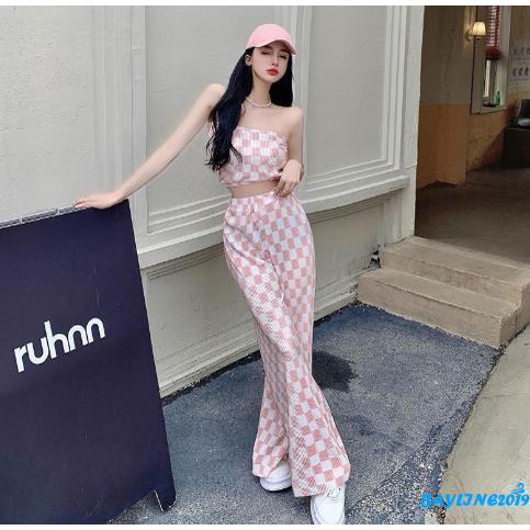 Bay-Women 2PCS Outfits, Check Pattern Sleeveless Tube Tops, High Waist Long Wide Leg Pants