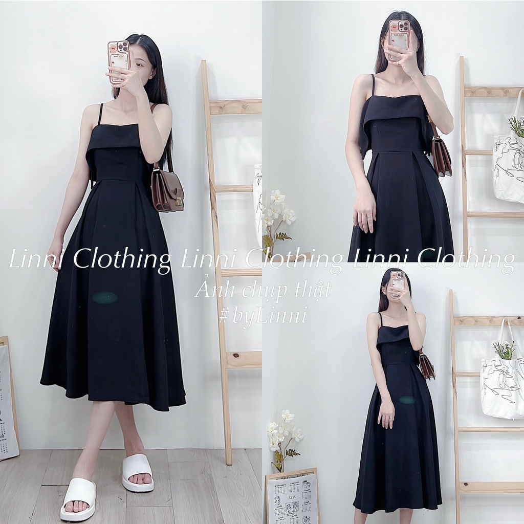 Đầm đen hai dây cúp ngực sang trọng | Đầm midi trễ vai tùng xòe siêu đẹp (đi chơi, đi tiệc, event)