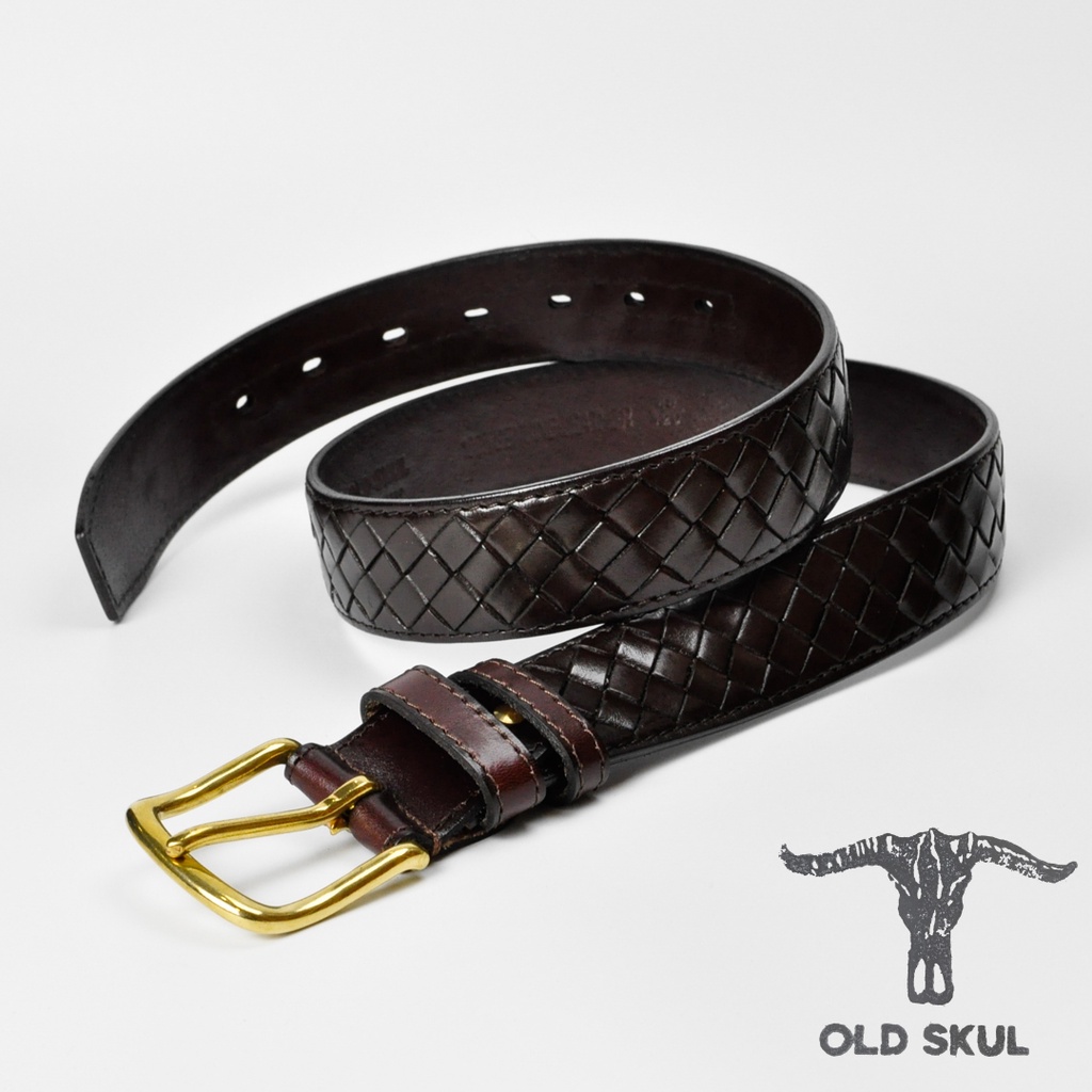 Dây thắt lưng da đan kết bản 38mm Old Skul, khóa đồng thau, phong cách vintage DL262