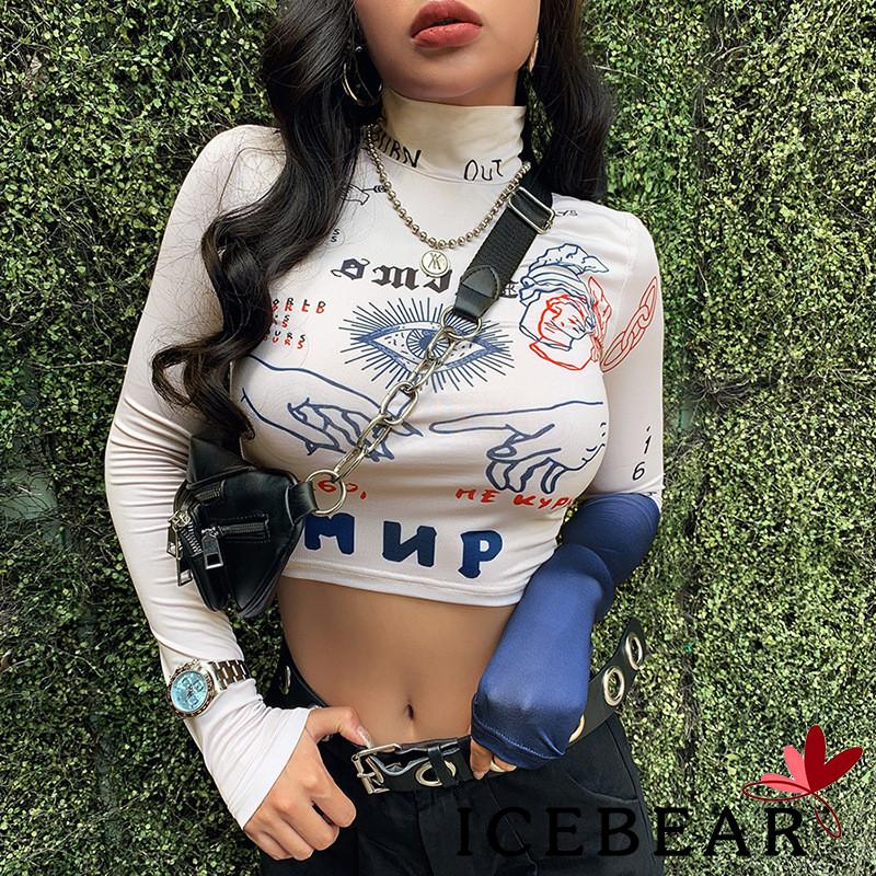 Áo Thun Tay Dài Cổ Cao Hoạ Tiết In Dành Cho Phái Nữ